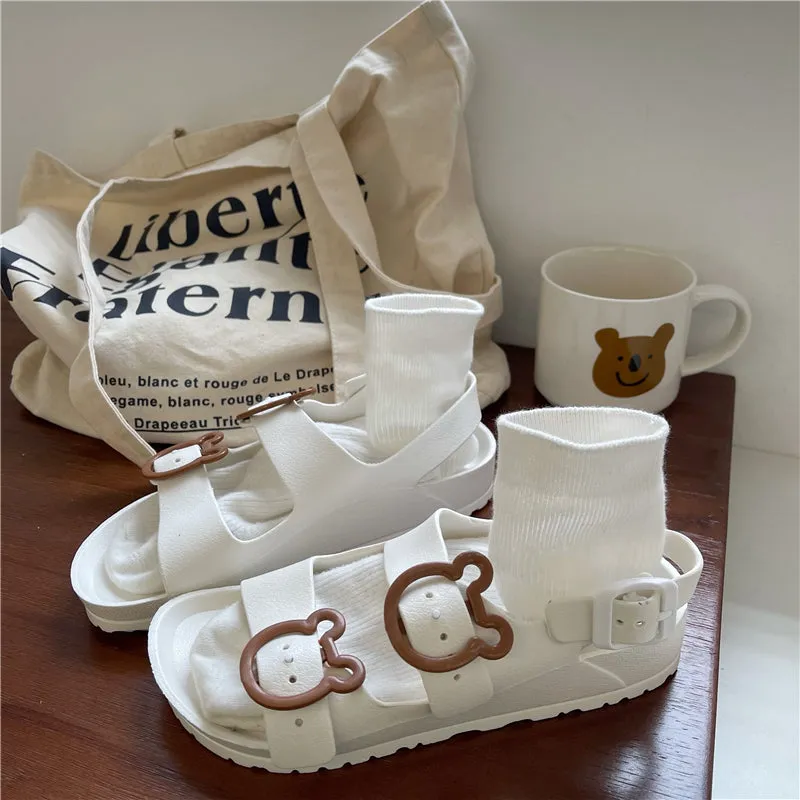 CUTE BLACK/WHITE BEAR BUCKLE SANDALS UB2762
