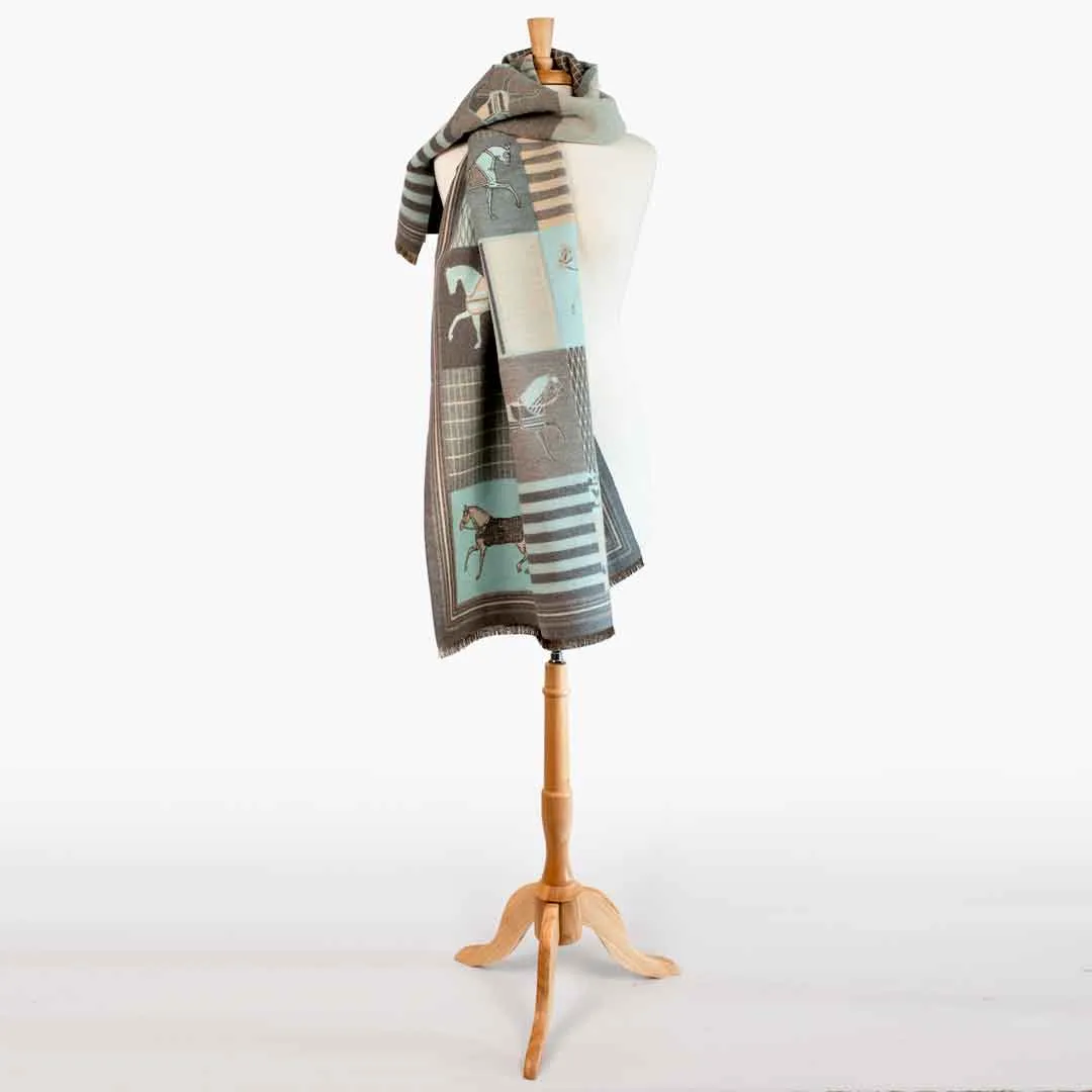 Devon -  Aqua Equestrian Motif Luxe Shawl