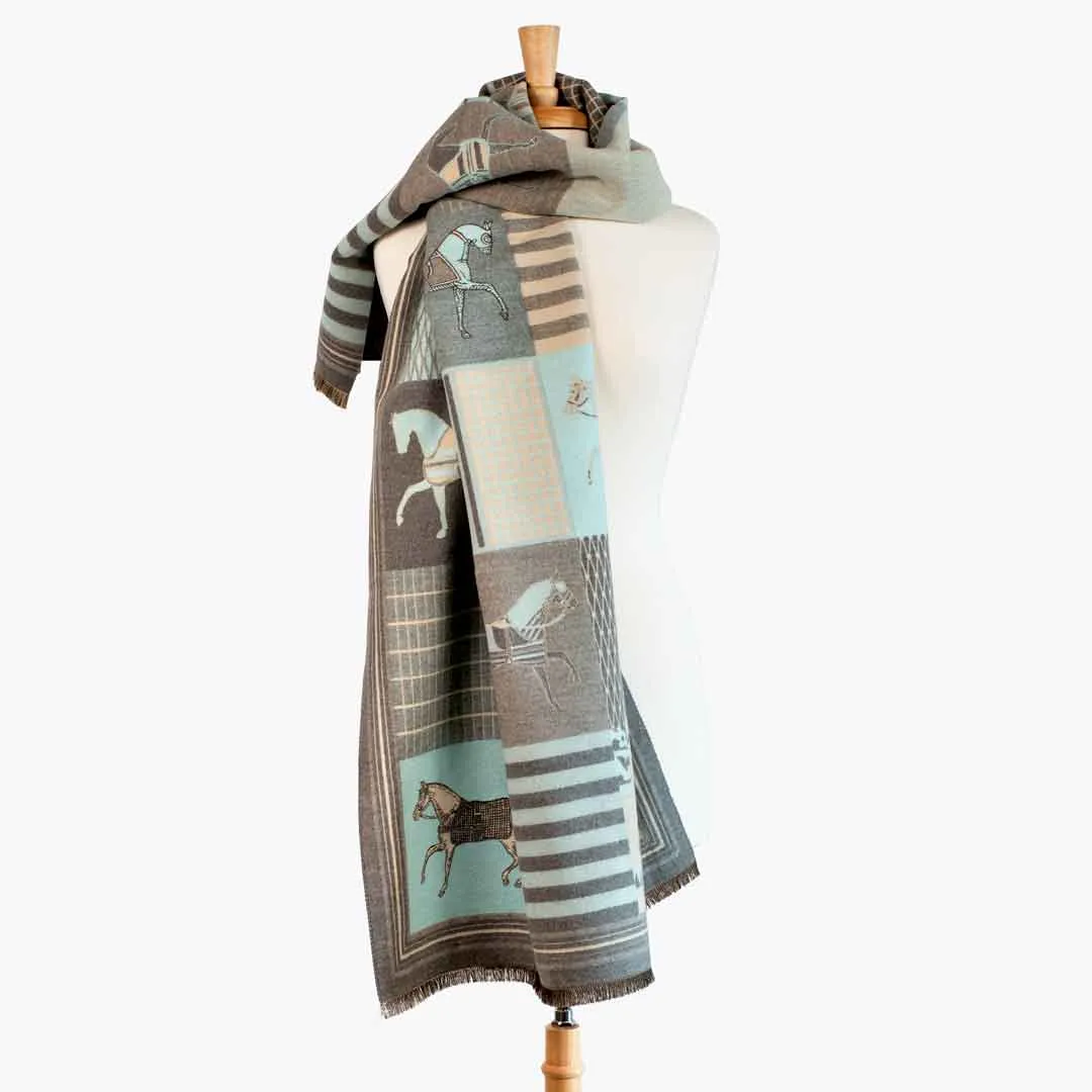 Devon -  Aqua Equestrian Motif Luxe Shawl