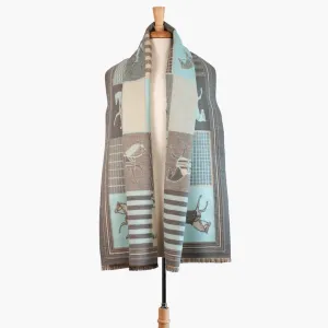Devon -  Aqua Equestrian Motif Luxe Shawl