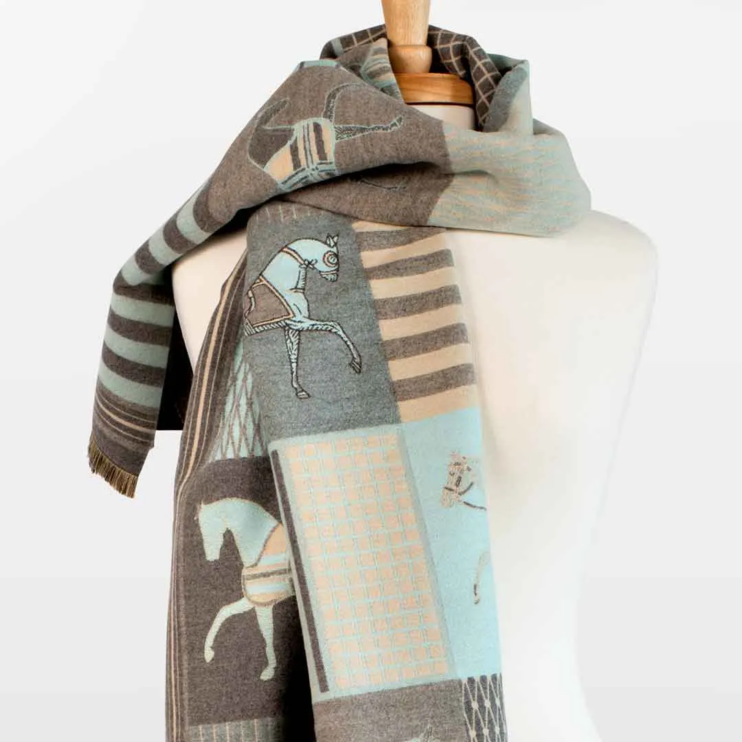 Devon -  Aqua Equestrian Motif Luxe Shawl