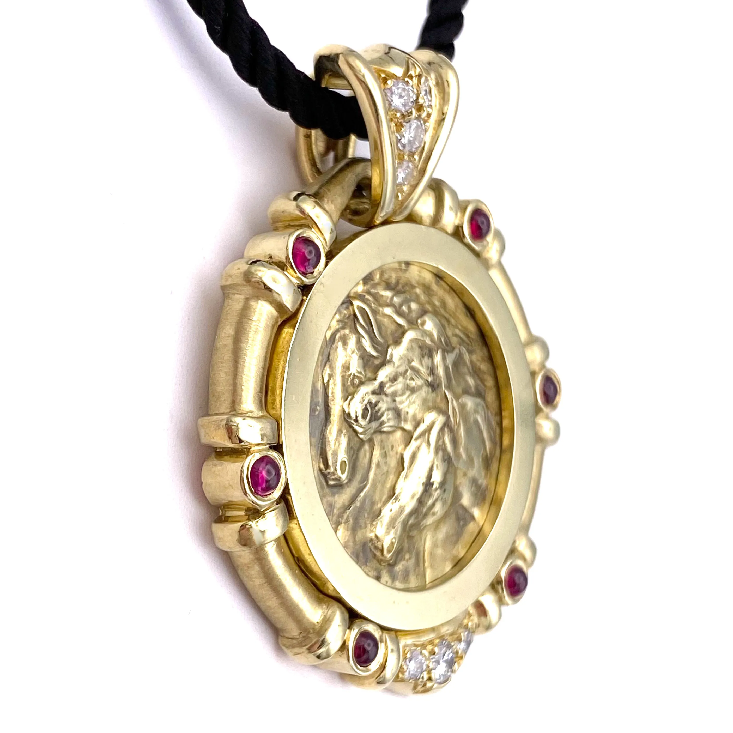 Diamond & Ruby Trois Chevaux Necklace, 18k Gold