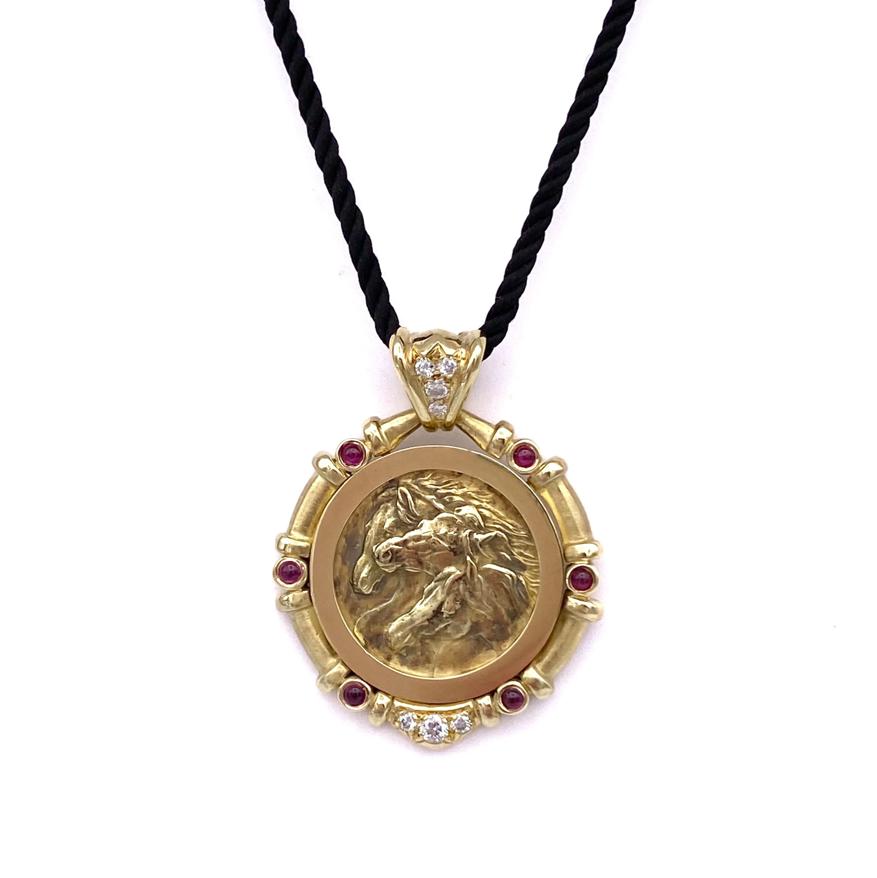 Diamond & Ruby Trois Chevaux Necklace, 18k Gold
