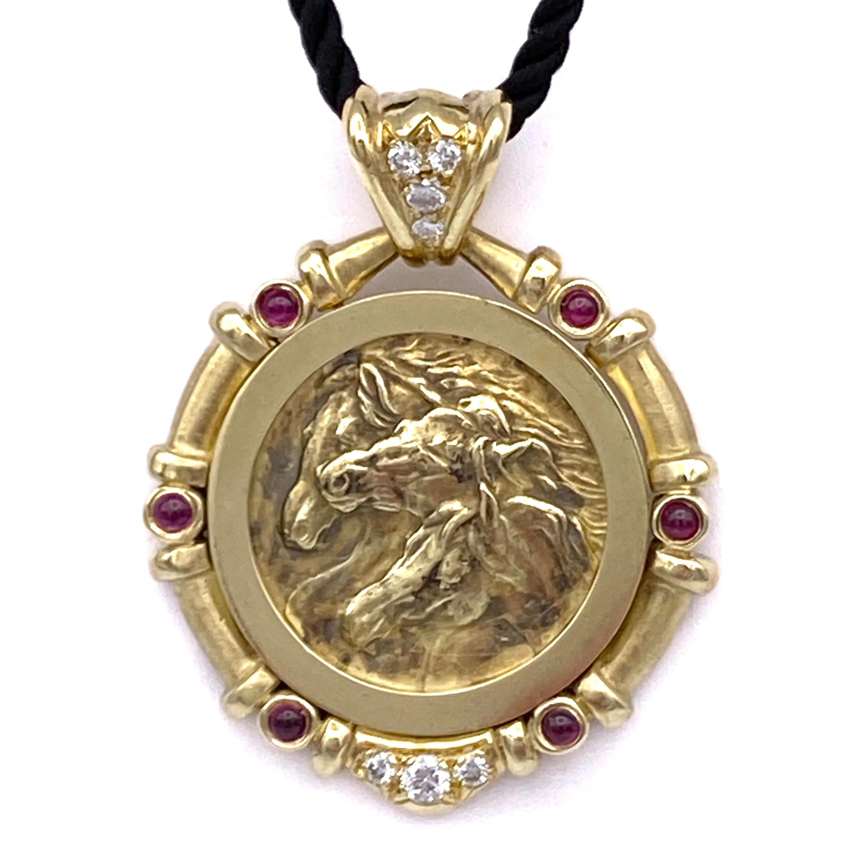 Diamond & Ruby Trois Chevaux Necklace, 18k Gold