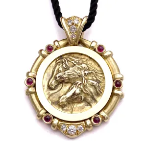 Diamond & Ruby Trois Chevaux Necklace, 18k Gold