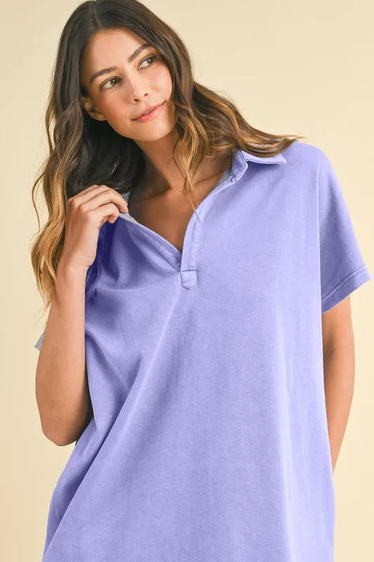 Hazel Blues® |  Annie Wear Mineral Washed Johnny Collar Short Sleeve Dress