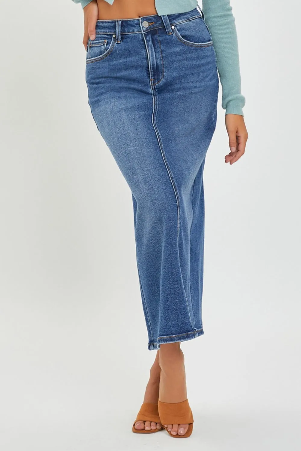 Hazel Blues® |  RISEN High Rise Back Slit Denim Skirt