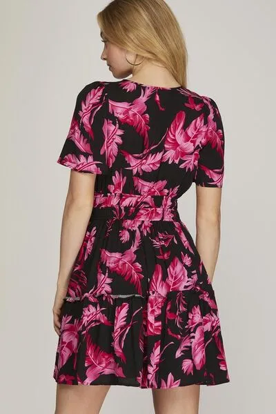 Hazel Blues® | She   Sky Printed Notched Short Sleeve Frill Tiered Dress