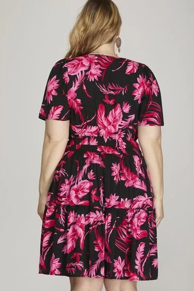 Hazel Blues® | She   Sky Printed Notched Short Sleeve Frill Tiered Dress