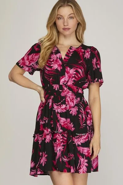 Hazel Blues® | She   Sky Printed Notched Short Sleeve Frill Tiered Dress