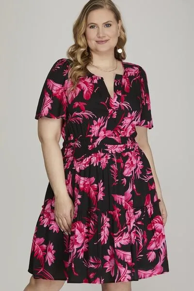 Hazel Blues® | She   Sky Printed Notched Short Sleeve Frill Tiered Dress