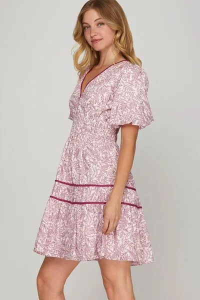 Hazel Blues® | She   Sky Printed V-Neck Puff Sleeve Tiered Dress