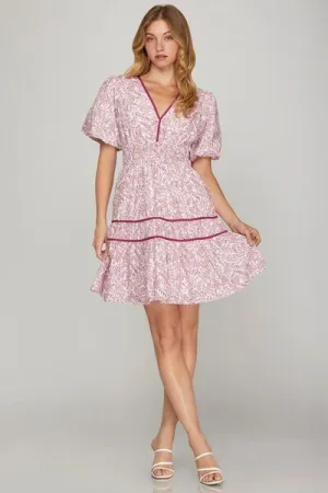 Hazel Blues® | She   Sky Printed V-Neck Puff Sleeve Tiered Dress