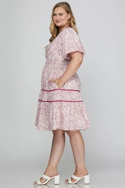 Hazel Blues® | She   Sky Printed V-Neck Puff Sleeve Tiered Dress