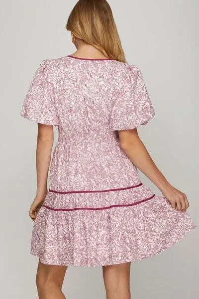 Hazel Blues® | She   Sky Printed V-Neck Puff Sleeve Tiered Dress