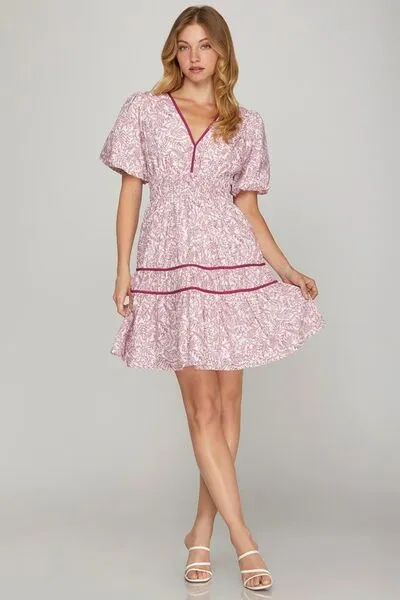 Hazel Blues® | She   Sky Printed V-Neck Puff Sleeve Tiered Dress