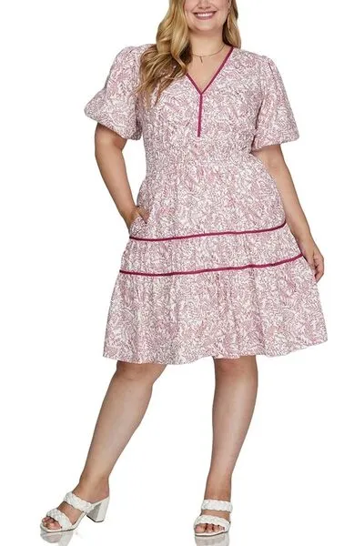 Hazel Blues® | She   Sky Printed V-Neck Puff Sleeve Tiered Dress