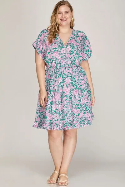 Hazel Blues® | She   Sky Ruffled Hem Printed Surplice Kimono Sleeve Mini Dress