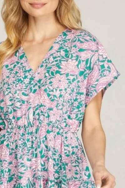 Hazel Blues® | She   Sky Ruffled Hem Printed Surplice Kimono Sleeve Mini Dress