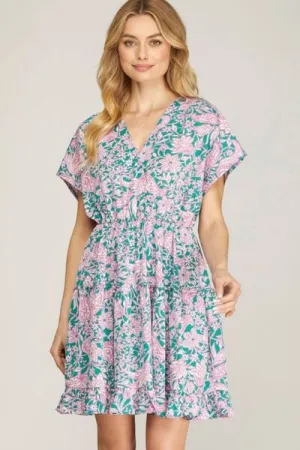 Hazel Blues® | She   Sky Ruffled Hem Printed Surplice Kimono Sleeve Mini Dress