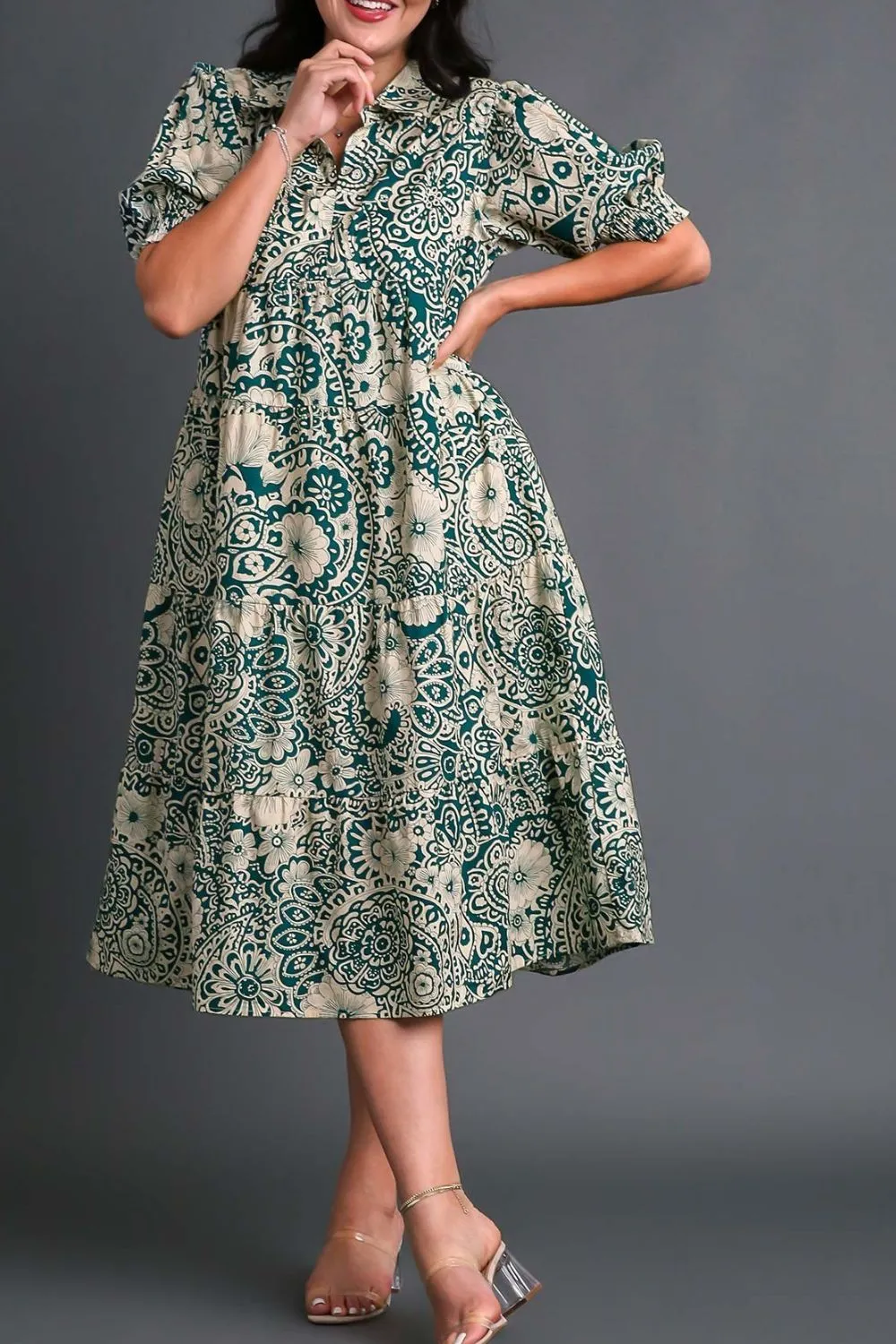 Hazel Blues® | Umgee Printed Smocked Cuff Puff Sleeve Midi Dress
