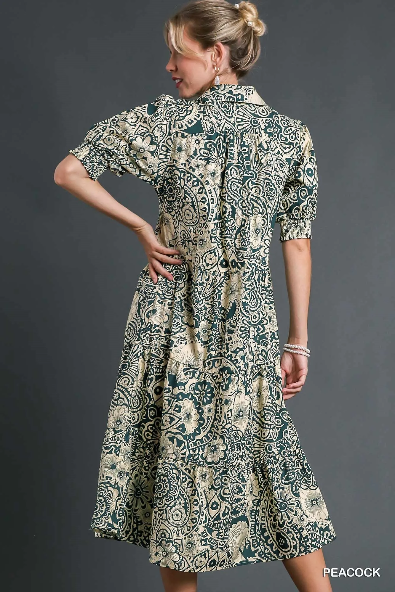 Hazel Blues® | Umgee Printed Smocked Cuff Puff Sleeve Midi Dress