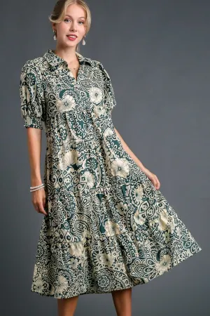 Hazel Blues® | Umgee Printed Smocked Cuff Puff Sleeve Midi Dress