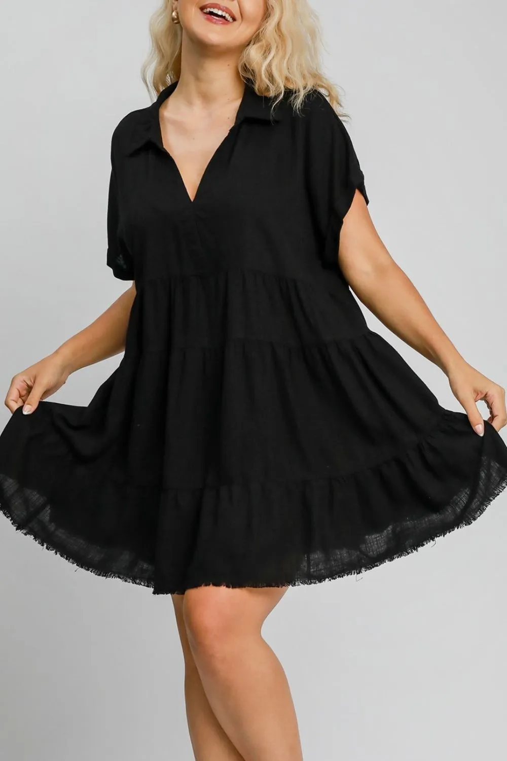 Hazel Blues® | Umgee Raw Hem Folded Sleeve Tiered Dress