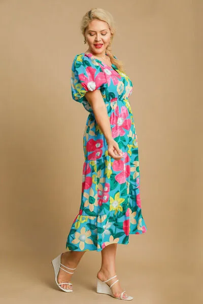 Hazel Blues® | Umgee Tiered Floral Print Notched Puff Sleeve Midi Dress