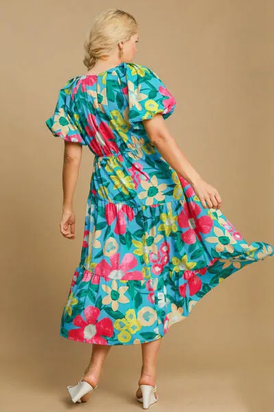 Hazel Blues® | Umgee Tiered Floral Print Notched Puff Sleeve Midi Dress