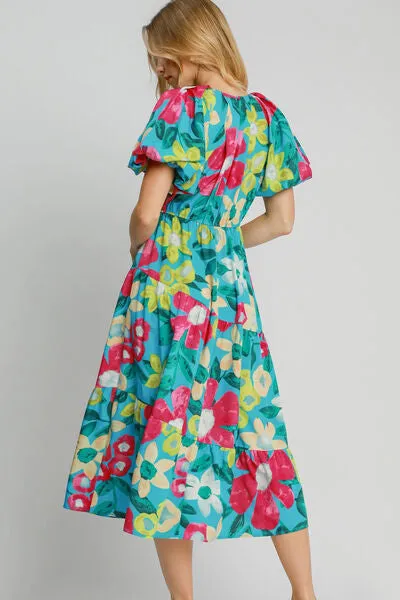 Hazel Blues® | Umgee Tiered Floral Print Notched Puff Sleeve Midi Dress