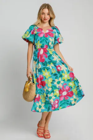 Hazel Blues® | Umgee Tiered Floral Print Notched Puff Sleeve Midi Dress