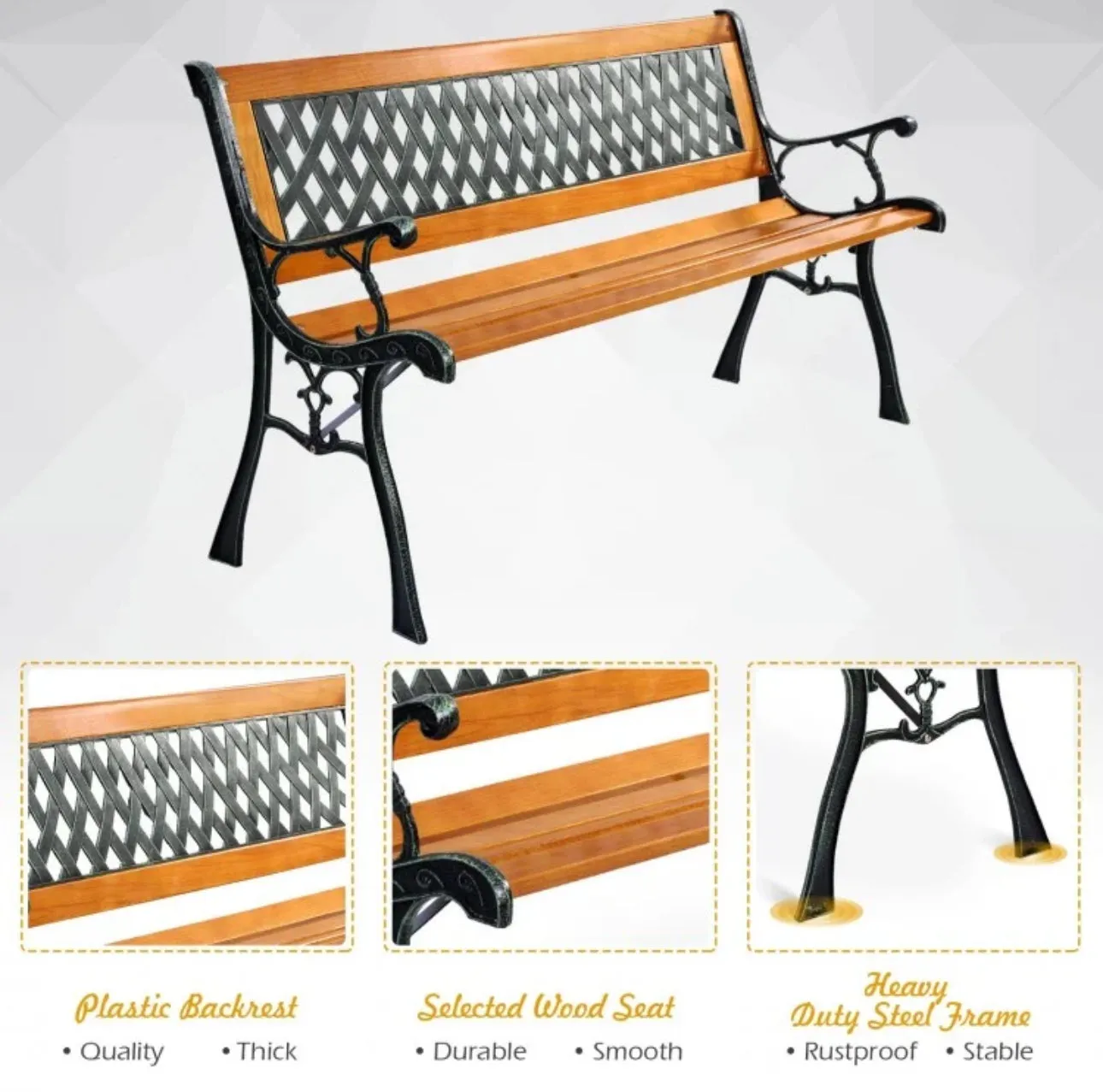 Heavy Duty Cast Iron & Hardwood Outdoor Patio 3 Person Bench | Holds 470 lbs | Easy Assembly | Rustproof
