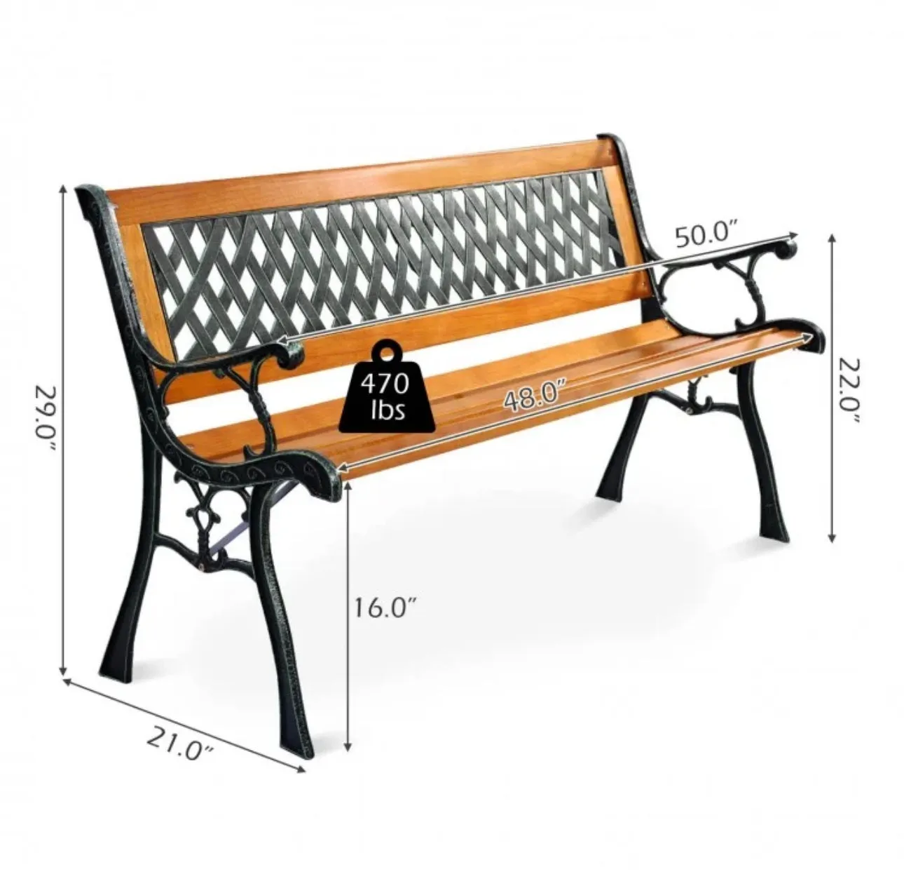 Heavy Duty Cast Iron & Hardwood Outdoor Patio 3 Person Bench | Holds 470 lbs | Easy Assembly | Rustproof