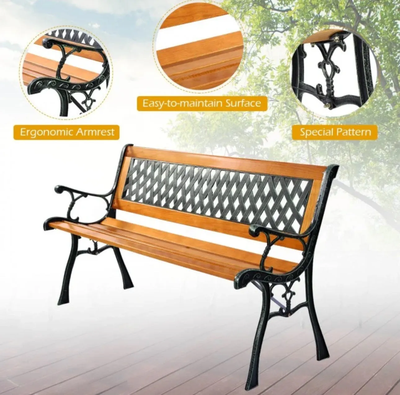 Heavy Duty Cast Iron & Hardwood Outdoor Patio 3 Person Bench | Holds 470 lbs | Easy Assembly | Rustproof