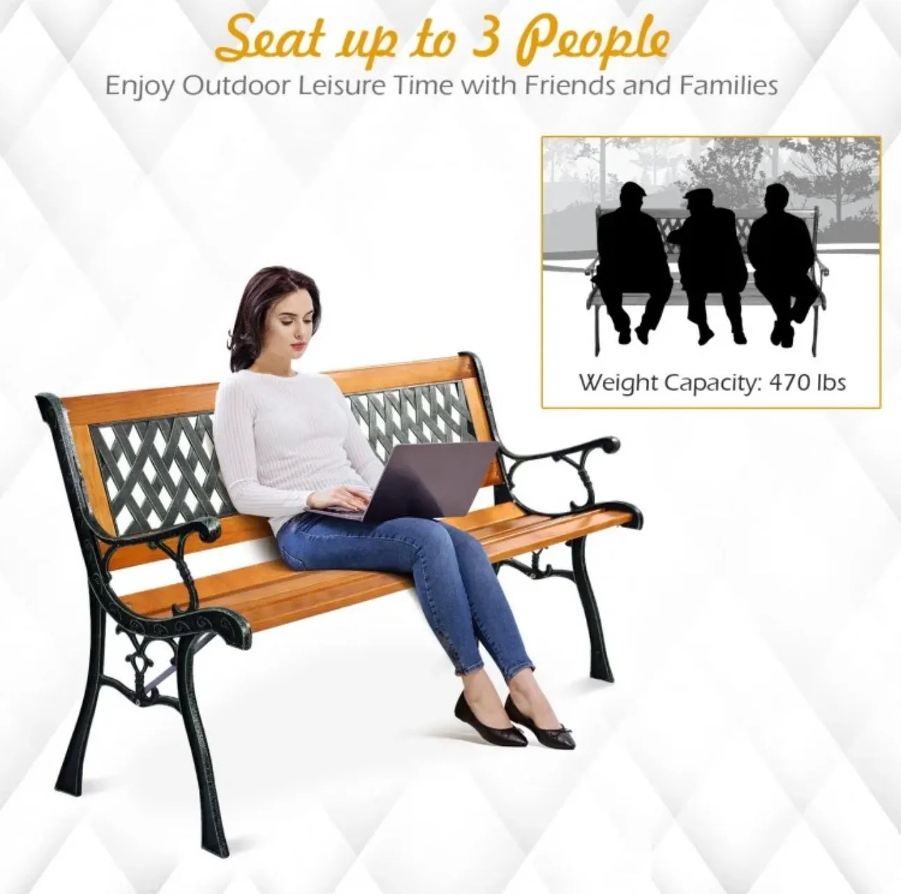 Heavy Duty Cast Iron & Hardwood Outdoor Patio 3 Person Bench | Holds 470 lbs | Easy Assembly | Rustproof