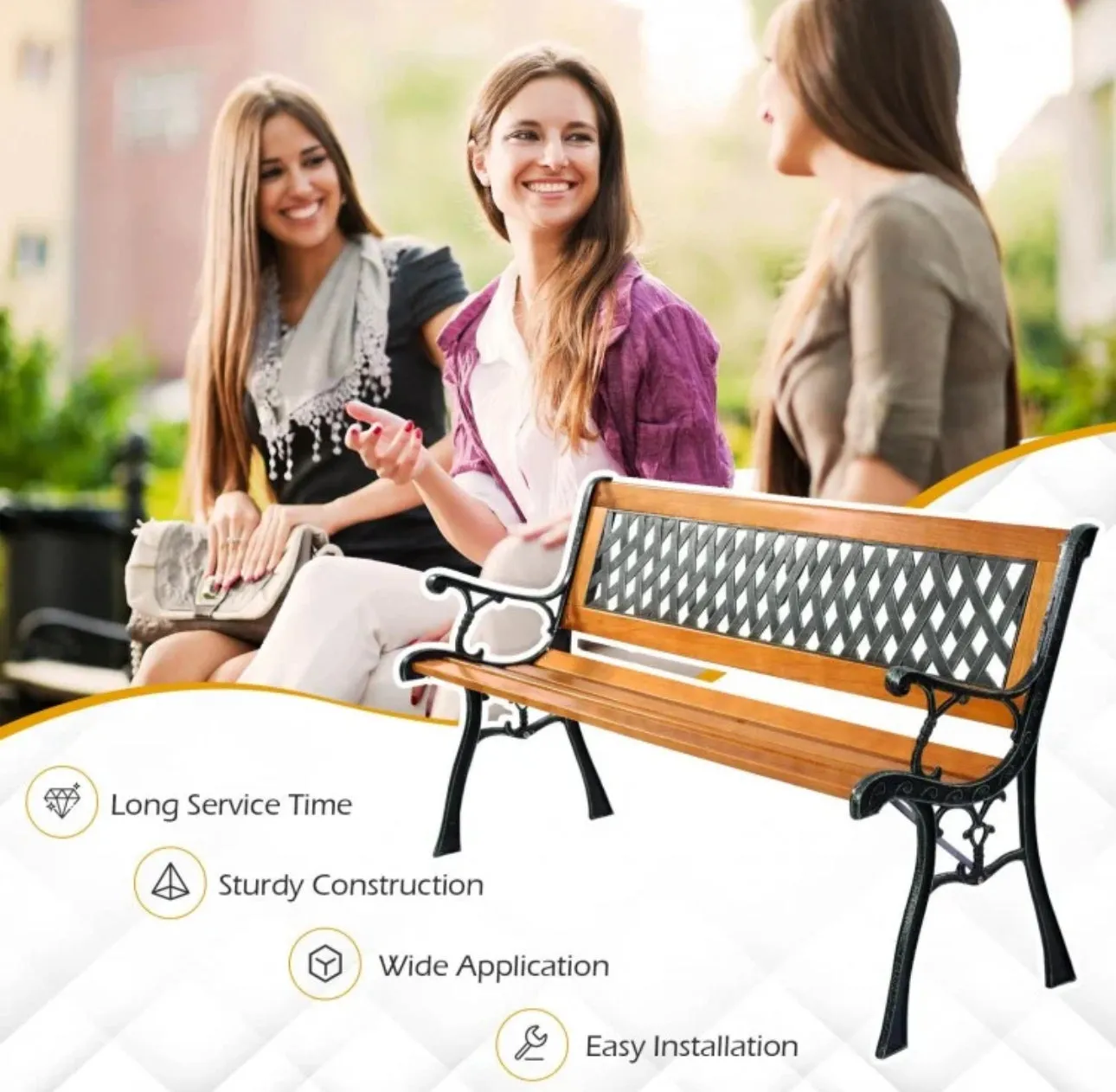 Heavy Duty Cast Iron & Hardwood Outdoor Patio 3 Person Bench | Holds 470 lbs | Easy Assembly | Rustproof