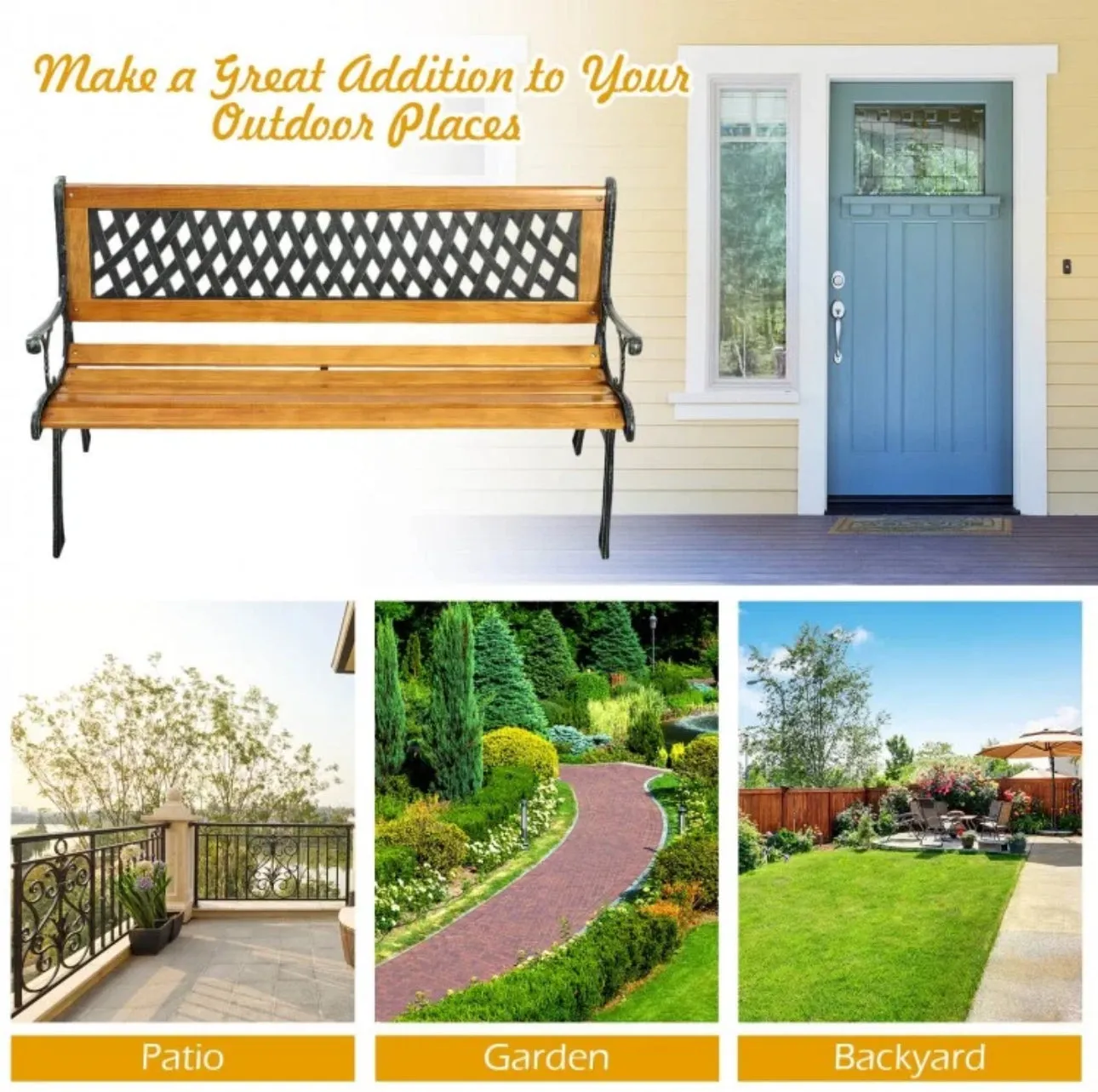 Heavy Duty Cast Iron & Hardwood Outdoor Patio 3 Person Bench | Holds 470 lbs | Easy Assembly | Rustproof