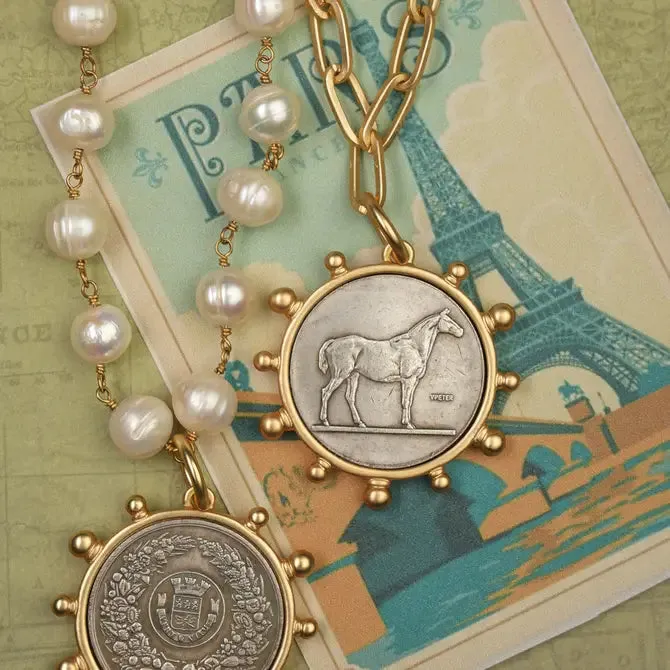 Horse Coin Pendant on Matte Gold Paperclip Chain Necklace