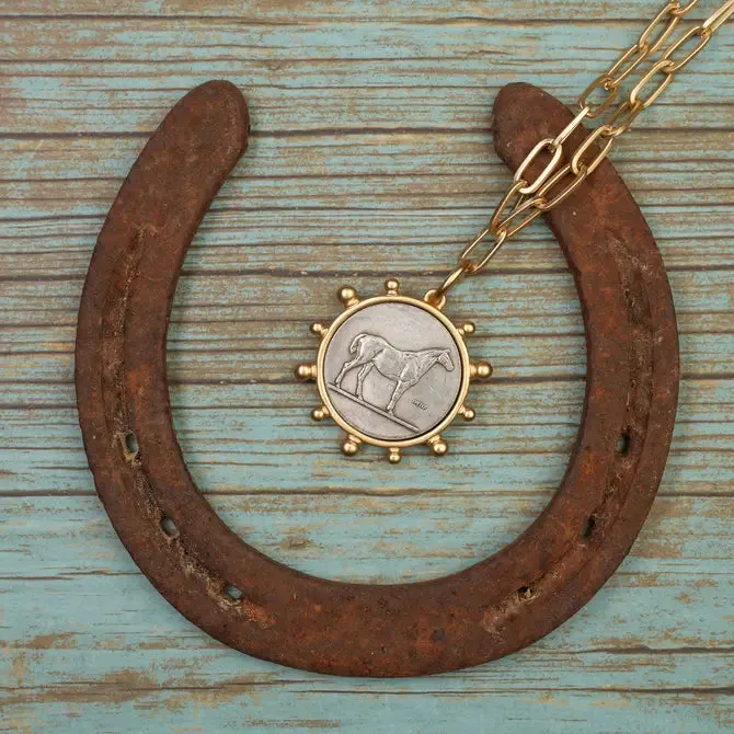 Horse Coin Pendant on Matte Gold Paperclip Chain Necklace
