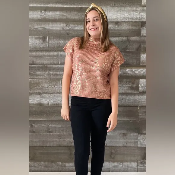 jodifl gold blush metallic leopard print knit sweater kimono sleeves H10981