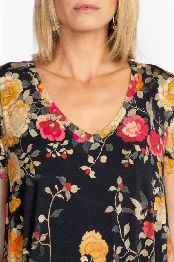Johnny Was Graceful Drape Tunic Short Sleeves Floral Black Top Flowers Shirt NEW