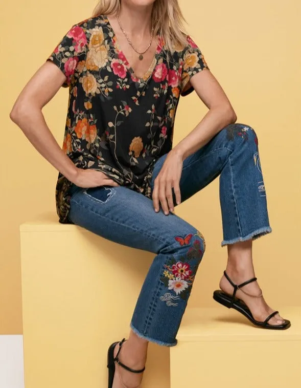 Johnny Was Graceful Drape Tunic Short Sleeves Floral Black Top Flowers Shirt NEW