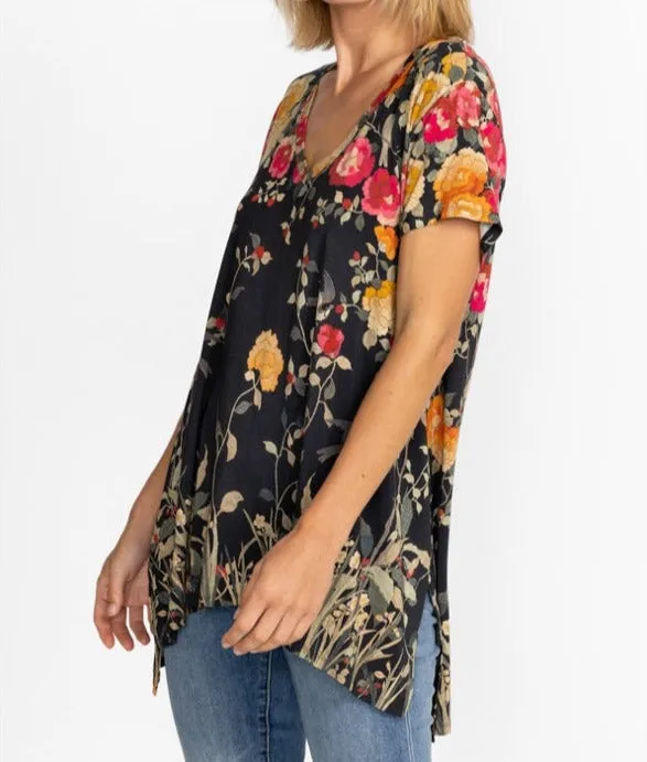 Johnny Was Graceful Drape Tunic Short Sleeves Floral Black Top Flowers Shirt NEW