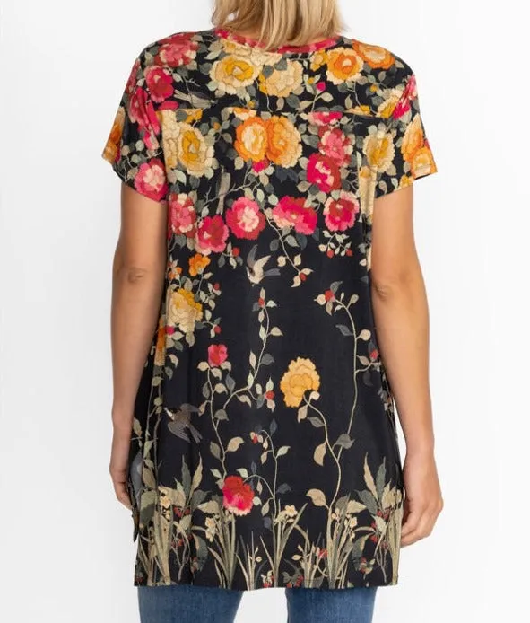 Johnny Was Graceful Drape Tunic Short Sleeves Floral Black Top Flowers Shirt NEW