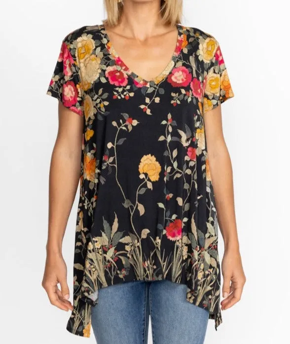 Johnny Was Graceful Drape Tunic Short Sleeves Floral Black Top Flowers Shirt NEW