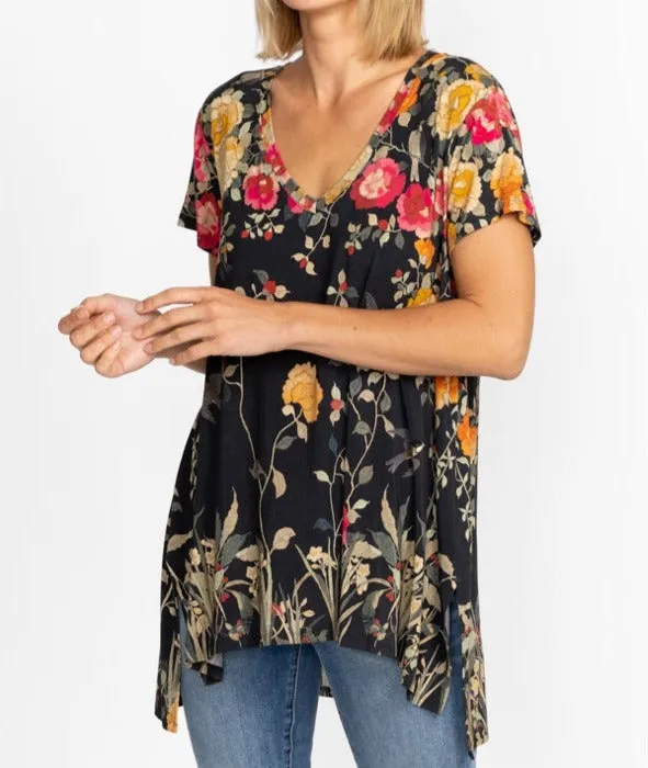 Johnny Was Graceful Drape Tunic Short Sleeves Floral Black Top Flowers Shirt NEW