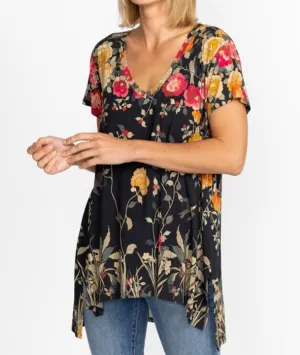 Johnny Was Graceful Drape Tunic Short Sleeves Floral Black Top Flowers Shirt NEW