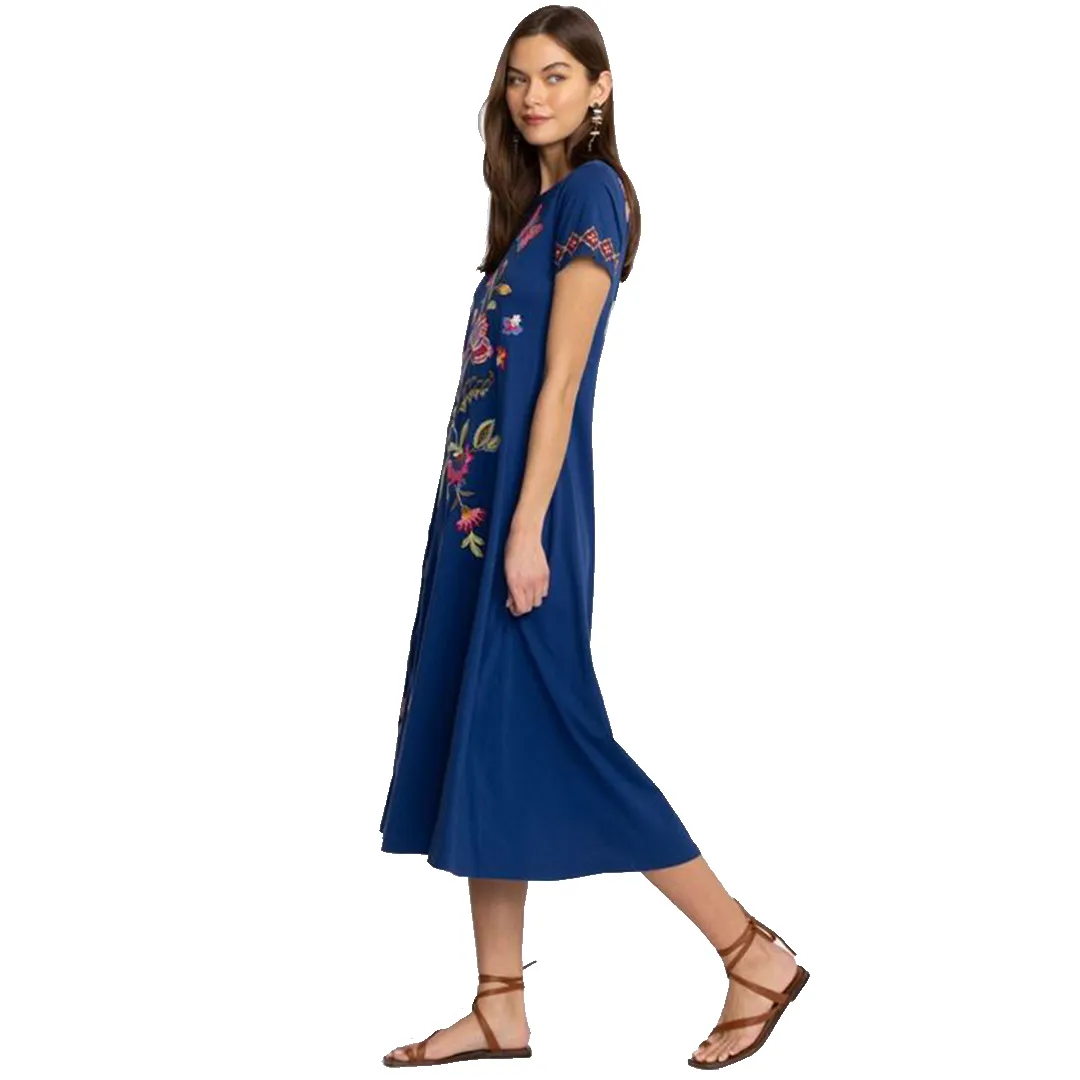Johnny Was Gracey Trapunto Tee Ultramarine Blue Shirt Floral Embroidery Top NEW
