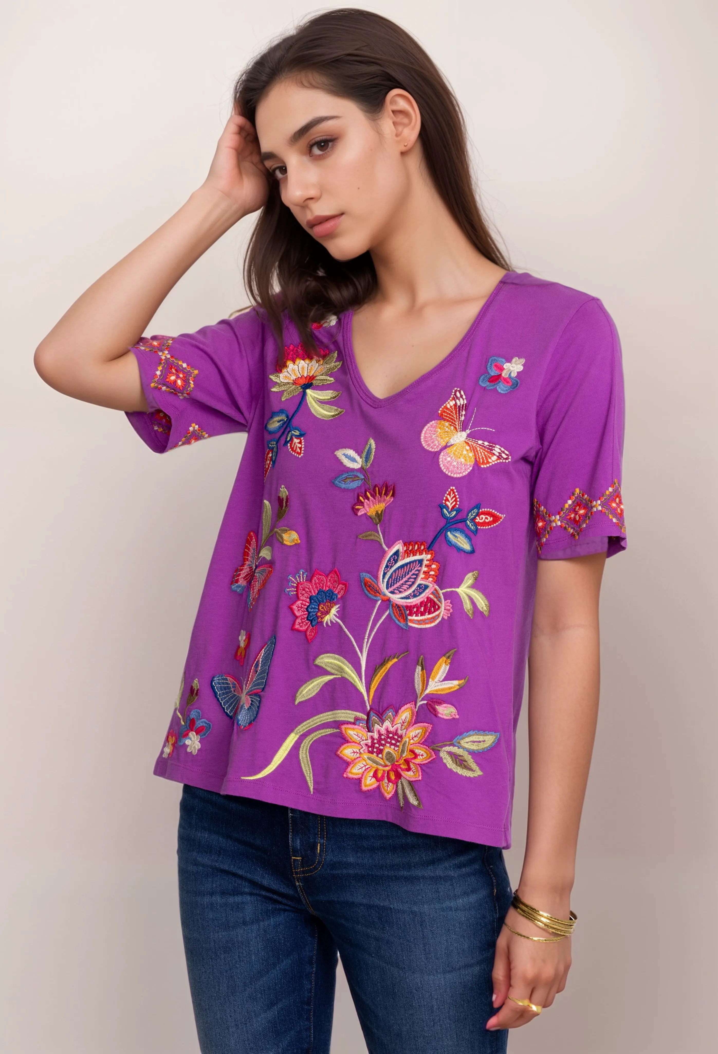 Johnny Was Gracey Trapunto V Neck Tee Shirt J13224 *